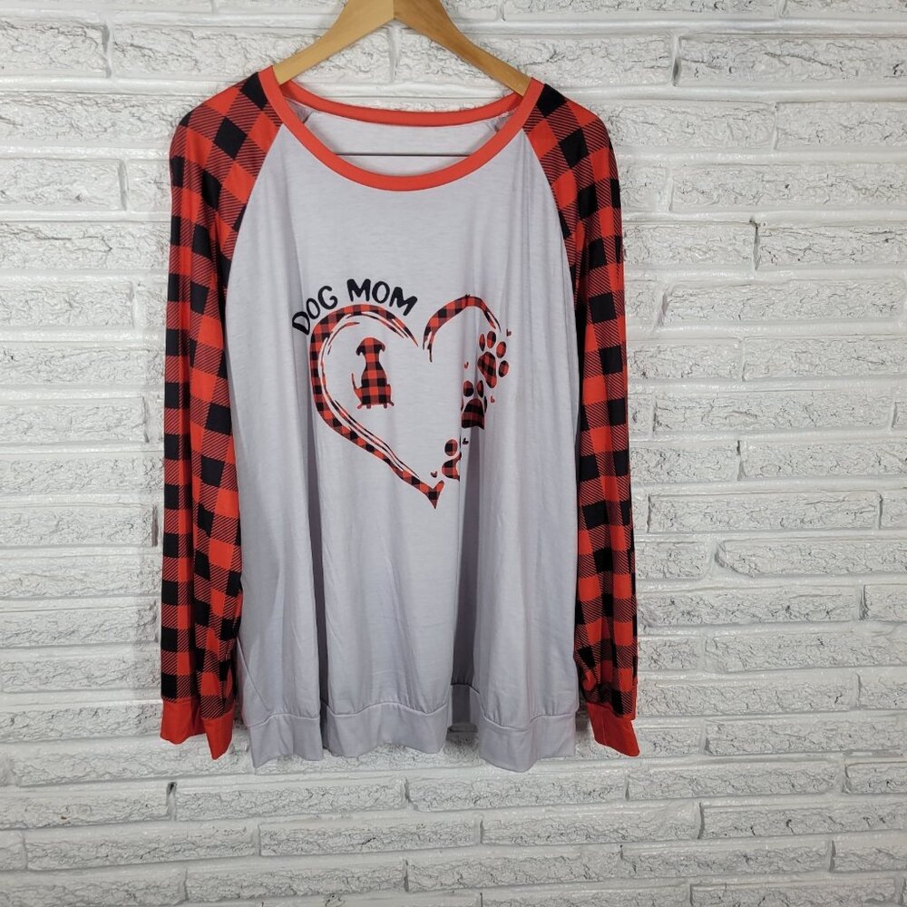 Dog‎ Mom Womens Pajama Top 5XL Plus Raglan Long Sleeve Red Plaid Comfy PLA17E